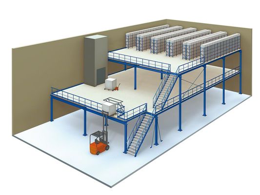 3 つのレベルの産業中二階床、青/オレンジ プラットホームの貯蔵システムの